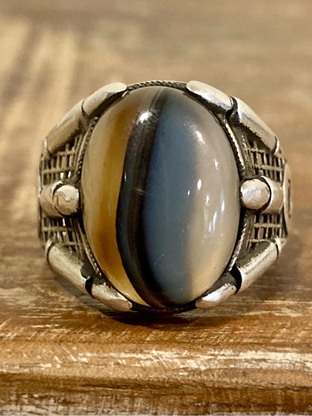 Sterling Silver Men's Statement Ring w/ Brown & Gray Cabochon Stone Dragon Claw - Picture 2 of 15